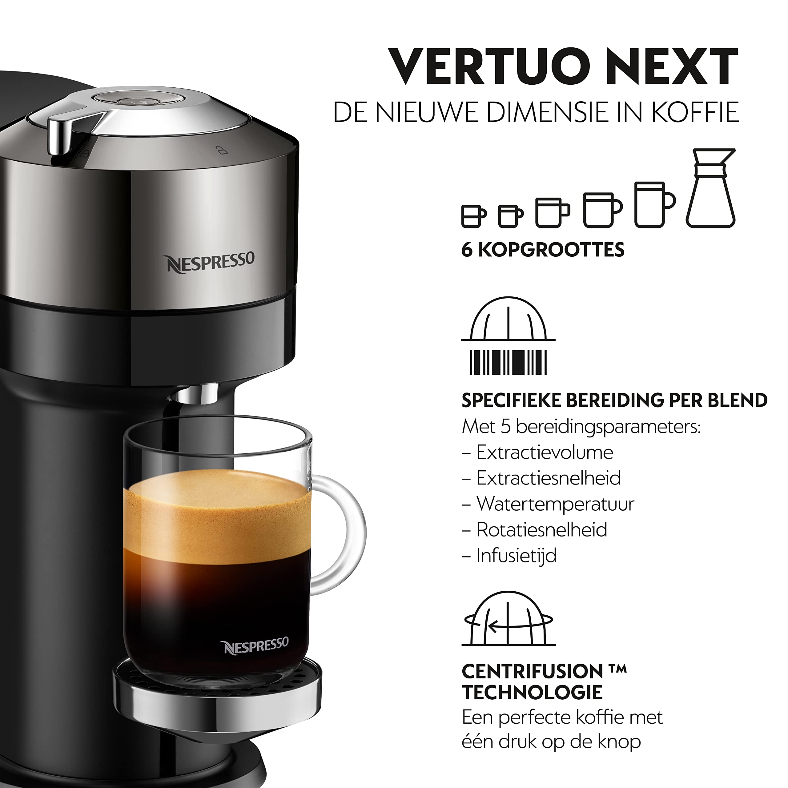 Vertuo Next Noir, Gris - Machine à café Orenzo, 5 tailles de tasses